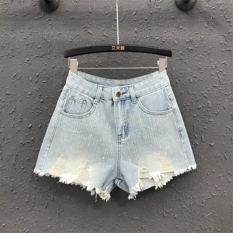 2023夏新款浅蓝色烫钻设计感时尚百搭牛仔短裤女欧货A字阔腿热裤商品大图
