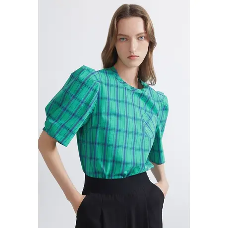 INSUN恩裳夏季撞色格纹棉质泡泡袖衬衫图片