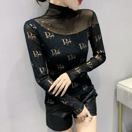 2024春秋新款网纱气质T恤女长袖洋气性感紧身上衣半高领打底小衫商品大图