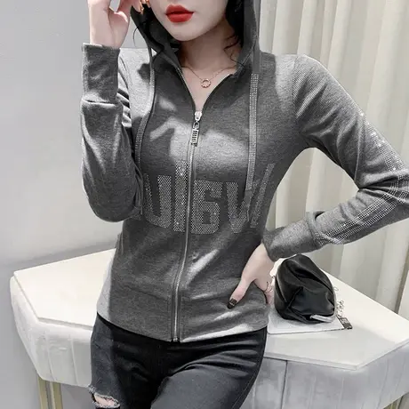 加绒连帽卫衣女秋冬欧货运动休闲拉链外套设计感烫钻开衫上衣长袖图片