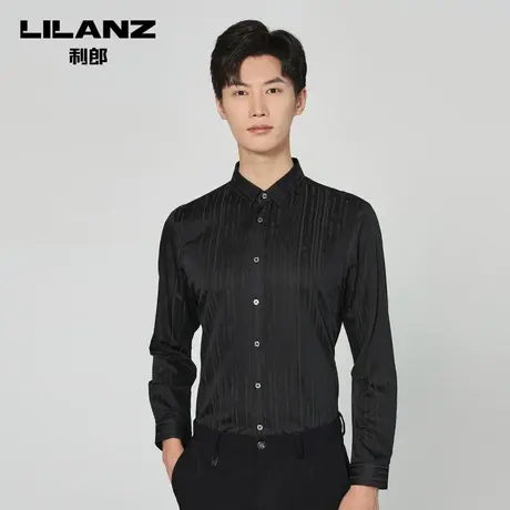 利郎官方 长袖衬衫男秋季商务休闲提花条纹黑灰修身男士衬衣图片