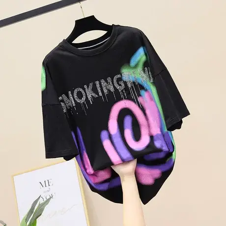 潮流街头喷绘印花短袖T恤嘻哈男女宽松情侣装半袖夏装字母体恤衫商品大图