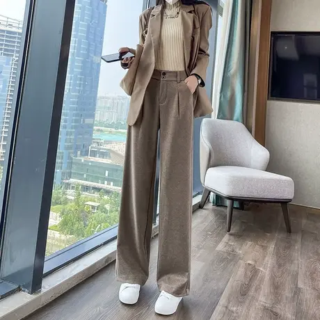 毛呢阔腿裤女秋冬加绒加厚垂感新款卡其色休闲裤子宽松高腰直筒裤图片
