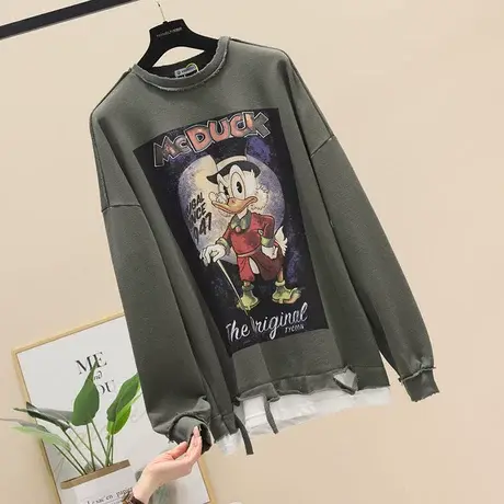 假两件卫衣女春秋薄款2023年新款破洞设计感小众宽松中长款外套潮商品大图