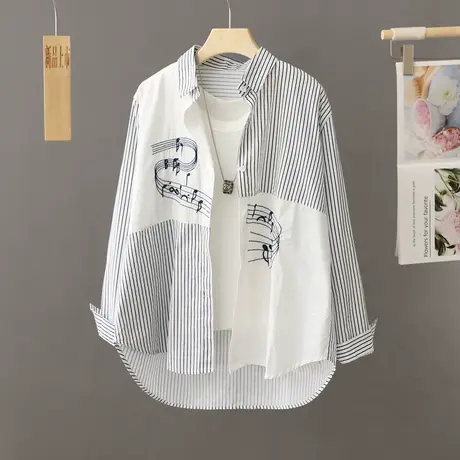 春秋休闲条纹白色衬衫女薄外套2024新款秋季长袖宽松衬衣开衫上衣商品大图