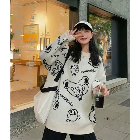 红续秋冬季新款日系慵懒风满印小熊宽松针织衫长袖毛衣女外套上衣图片