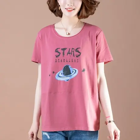 短袖t恤女夏季加肥加大码女装宽松中年妈妈纯棉印花休闲半袖体恤图片