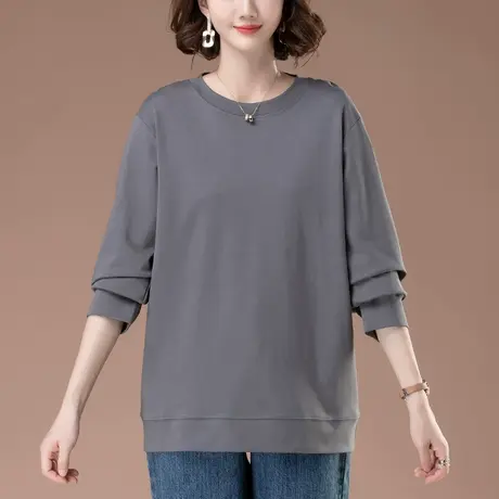 全棉卫衣女薄款宽松加肥加大码女装中年妈妈春秋休闲圆领显瘦上衣商品大图
