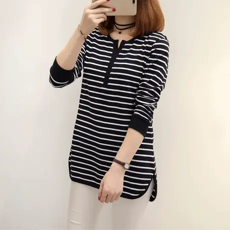 黑白条纹t恤女长袖 宽松 中长款chic上衣秋装打底衫女外穿 海魂衫图片