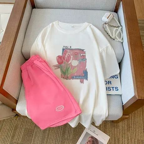 纯棉港风运动服套装跑步女夏季时尚洋气短袖短裤小个子休闲两件套商品大图