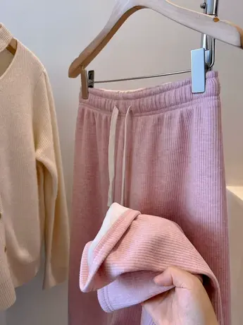 自留好穿竖纹理加绒休闲裤 松紧腰抽绳宽松直筒百搭拖地裤长裤女商品大图