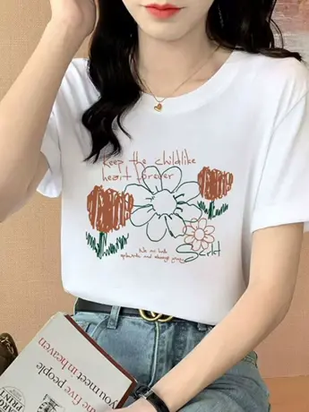 美式复古白色仿棉短袖t恤女夏季2023新款宽松显瘦上衣小众设计感图片