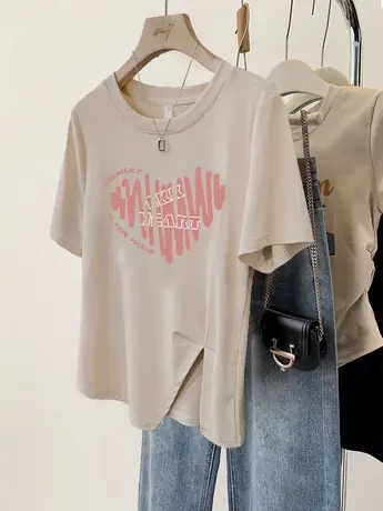 国潮t恤短袖女胖mm潮遮肉复古下摆开叉ins夏季小个子减龄小众上衣商品大图