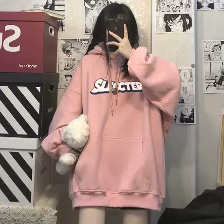加绒美式街头设计感连帽卫衣女秋冬宽松bf慵懒风hiphop潮ins上衣商品大图