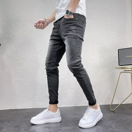 2023秋冬新款时尚简约磨白牛仔裤男潮韩版修身小脚裤黑灰铅笔裤子图片