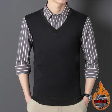 男士衬衫毛衣新款2022冬季加绒加厚保暖假两件套针织衫男秋装上衣商品大图