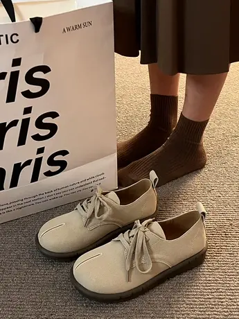 平底单鞋女系带小皮鞋2023新款秋季勃肯鞋软底孕妇英伦风乐福鞋子商品大图