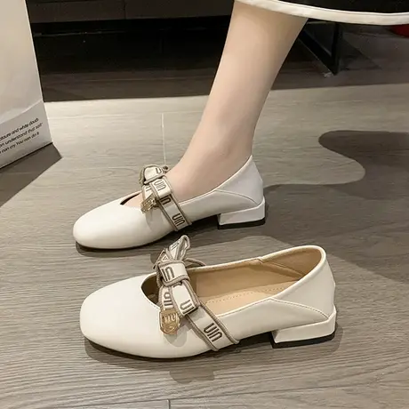 奶奶鞋女夏粗跟2023新款一字带浅口蝴蝶结方头淑女软底豆豆鞋单鞋商品大图