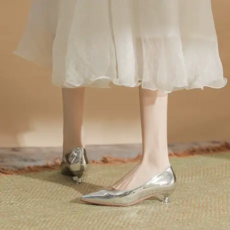 银色高跟鞋女2024年新款秋冬季细跟尖头软皮中跟单鞋高级感不累脚商品大图