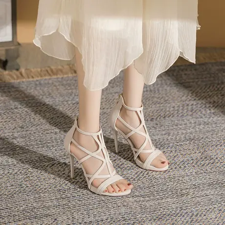 罗马凉鞋女2024年夏季新款百搭露趾性感一字带镂空宴会细跟高跟鞋图片