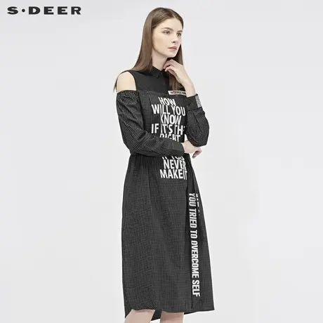 sdeer圣迪奥2019秋装新款假两件撞色格纹拼接露肩连衣裙S19181220图片