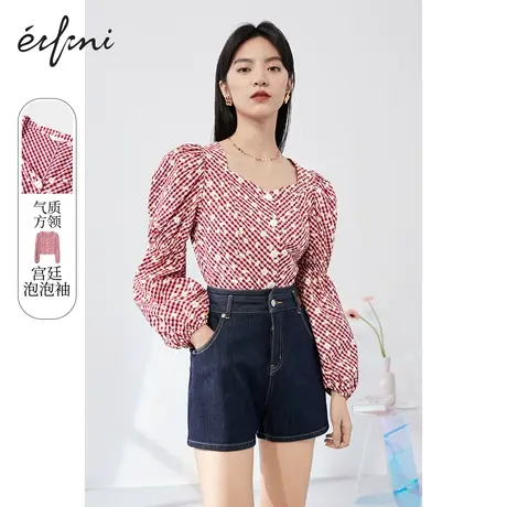 伊芙丽时尚衬衫女2021春季新款方领韩版藕节袖格纹印花女士小上衣商品大图