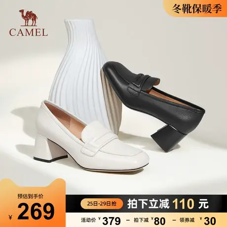 骆驼女鞋2023秋季新款真皮马衔扣英伦风方头粗跟小皮鞋女乐福单鞋图片