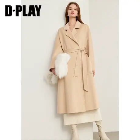 DPLAY冬气质通勤平驳领驼色中长款水波纹双面羊毛呢大衣女商品大图