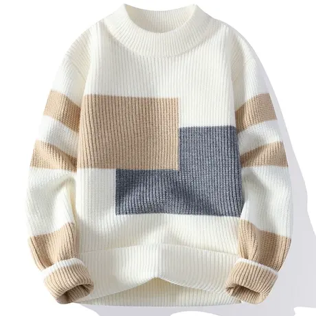 撞色毛衣男冬季加绒加厚潮牌针织衫男宽松高级感慵懒冬天保暖线衣商品大图