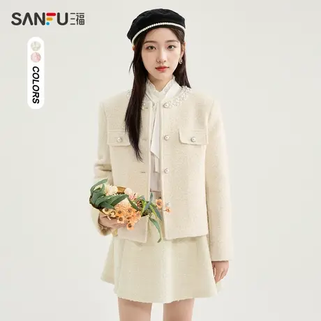 三福厚外套2023冬季法式珍珠圆领小香风假口袋上衣女装479649图片