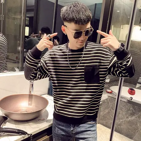 卫衣男士秋冬款圆领修身上衣服冬季加厚2023新款潮牌加绒条纹打底商品大图