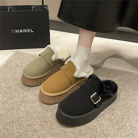 勃肯棉拖鞋女冬季外穿2024年新款百搭厚底复古加绒毛毛包头半拖鞋图片