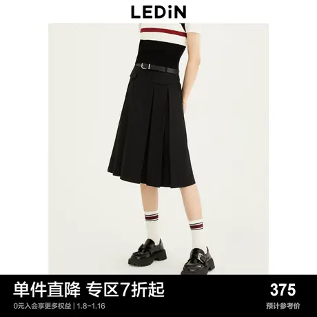 【商场同款】乐町黑色长裙秋新款学院风压褶长半裙C2GFD3301图片