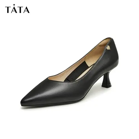 Tata他她黑色尖头高跟鞋女气质浅口低跟单鞋2024春季新款WK901AQ4图片