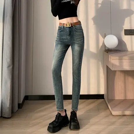 复古小脚牛仔裤女春秋季新款高腰小个子冷茶色设计感紧身铅笔裤子商品大图