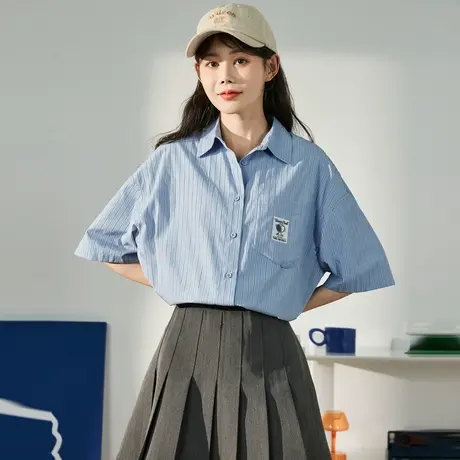 唐狮春夏季条纹短袖衬衫女简约百搭学院风短袖polo领宽松慵懒风潮图片
