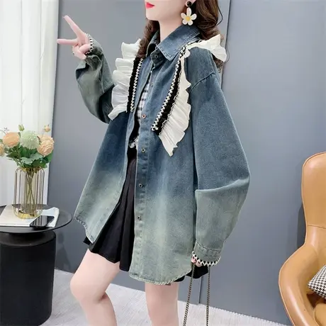 欧洲站荷叶边牛仔衬衫女春季2024年新款宽松休闲甜美减龄外套上衣图片