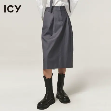 icy女装新款复古风时尚简约腰带调节开叉半身裙A字裙中长款女图片