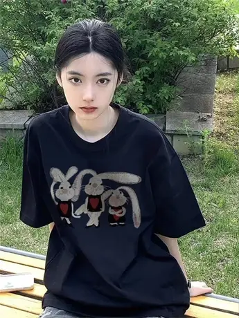 黑色短袖女重磅纯棉oversize短袖夏季设计感大码美式兔子印花上衣商品大图