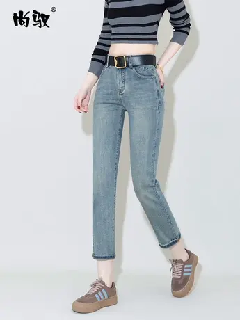 尚驭怀旧蓝弹力牛仔高腰小直筒裤女2024年春季新款百搭烟管裤韩版商品大图