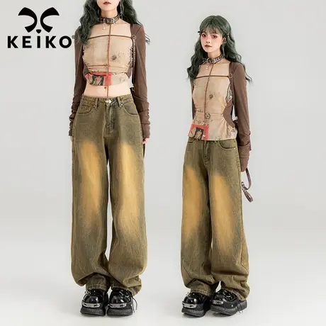 KEIKO 复古水洗做旧直筒牛仔裤女2024春夏街头休闲宽松显瘦阔腿裤商品大图