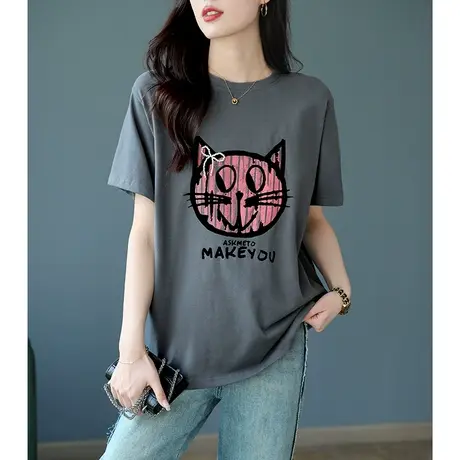 宝诗黎圆领字母印花短袖打底衫夏季短上衣新款休闲韩版正肩女T恤商品大图