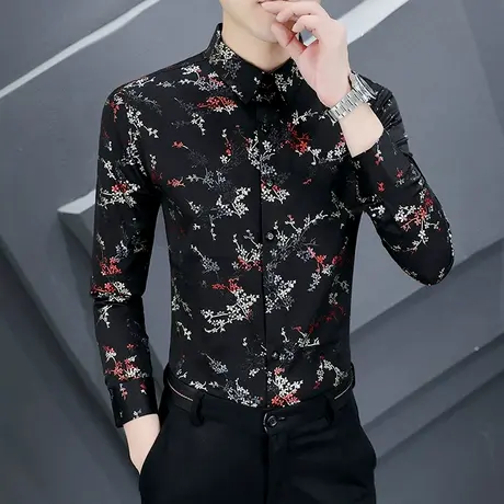 衬衫男士时尚潮流修身衬衣长袖2023秋季个性痞帅印花休闲上衣男装商品大图