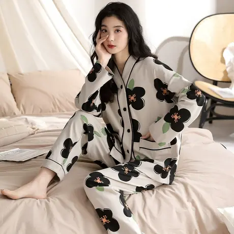 婷美纯棉睡衣女士春秋款长袖V领宽松大码可出门家居服套装秋冬天商品大图