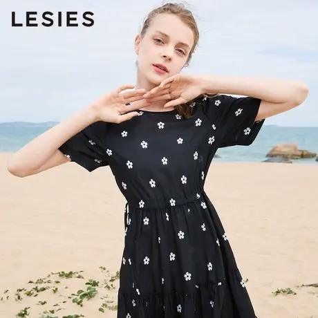 LESIES蓝色倾情夏装新款女装小花圆领泡泡袖淑女法式短袖连衣裙图片
