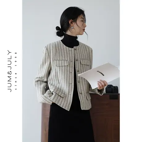 嘉茱莉2023秋季新款1OO羊毛小香风外套女短款条纹短外套宽松上衣商品大图