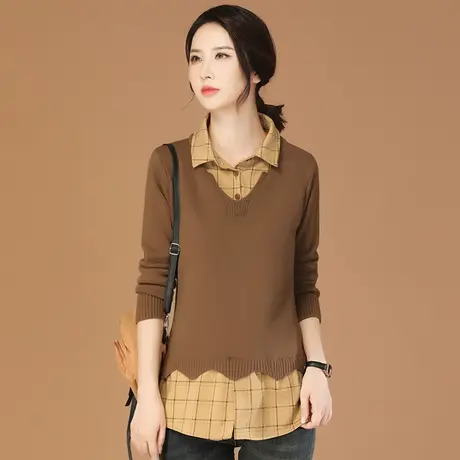 韩潮袭人假两件格纹长袖针织衫上衣女2023冬新款休闲百搭套头毛衣图片