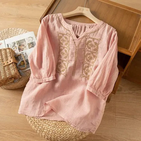 享永子中袖苎麻衬衫女文艺复古棉麻上衣宽松显瘦刺绣2023春夏新款商品大图