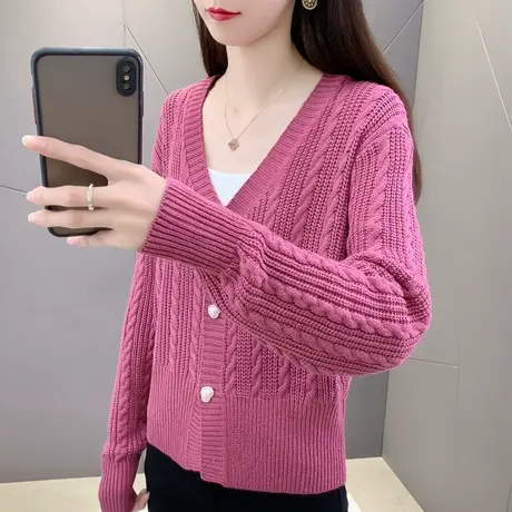 开衫外套麻花宽松慵懒风针织女士秋装V领短款秋季上衣洋气商品大图