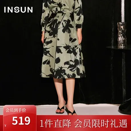 恩裳COVER2023秋季新款侧缝隐形斜插口袋复古印花挺括花苞感半裙图片